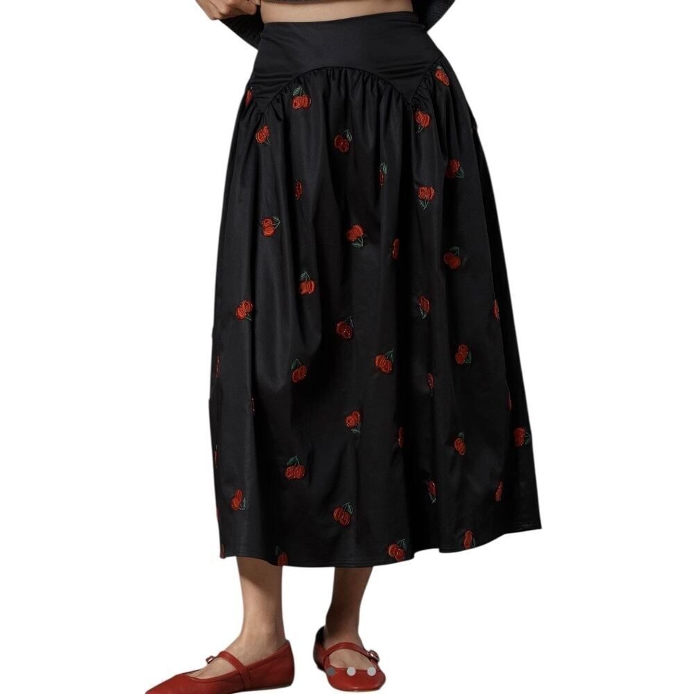 Anthropologie Avec Les Filles Cherry Appliqué Embroidered Midi Skirt Size XL